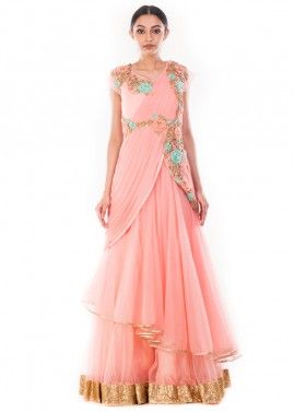 Pastel Pink Saree Style Indo Western Gown 