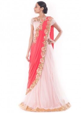 Pastel Pink & Peach Saree Style Indo Western Gown 