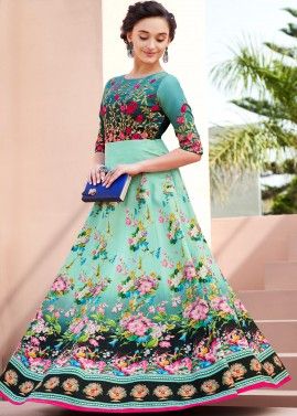 Sea Green Printed Indian Gown With Embroidery
