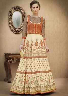 Cream Colored Digital Printed Banarasi Silk Indian Gown