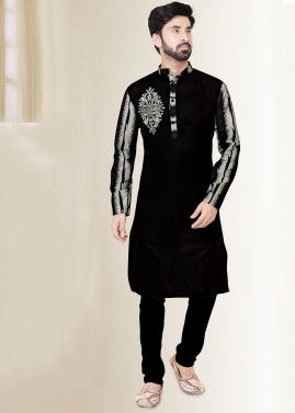 Black Embroidered Cotton Pathani Suit
