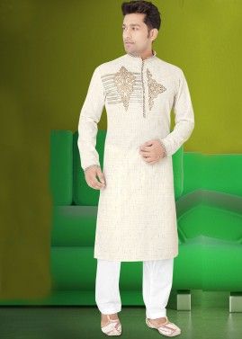 Off-White Embroidered Cotton Pathani Suit
