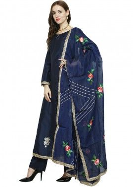 Navy Blue Cotton Silk Readymade Pant Suit