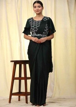 Black Embroidered Saree In Satin
