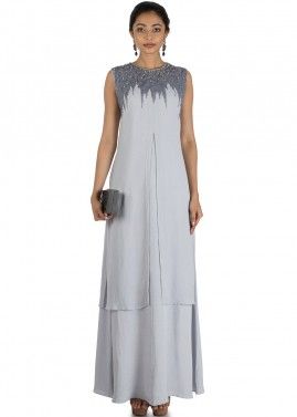 Grey Georgette Twin Layered Front  Slit Tunic