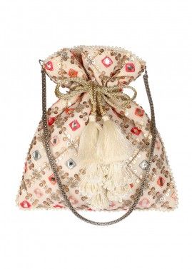 Mirror & Sequins Embellished Cream Potli Bag