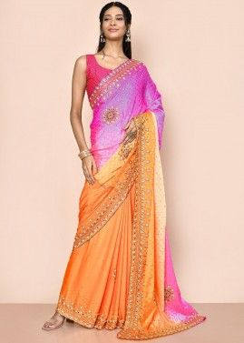 Orange & Pink Shaded Woven Saree In Jacquard