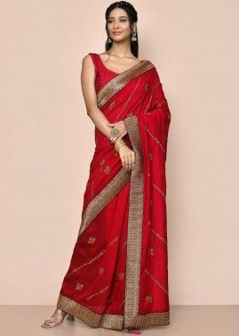 Red Emboidered Saree In Satin