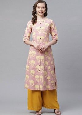 Pink Floral Printed Readymade Kurta In Cotton
