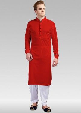 Red Readymade Lycra Pathani Suit