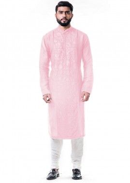 Pastel Pink Aari Embroidered Silk Kurta Set