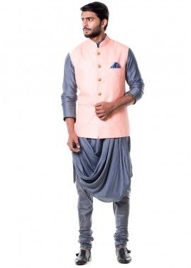 Grey Cowl Style Kurta Set With Nehru Jacket