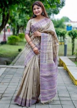 Beige & Purple Woven Saree In Tussar Silk
