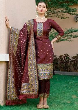 Brown Printed Suit Set In Art Pashmina Silk