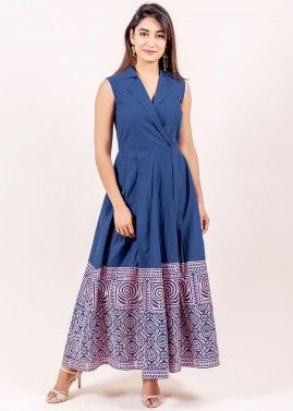 Navy Blue Block Printed Indo Western Dress
