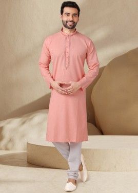 Pink Embroidered Kurta Pajama In Cotton
