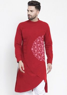 Red Embroidered Men's Kurta