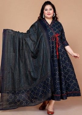 Blue Readymade Printed Angrakha Style Suit