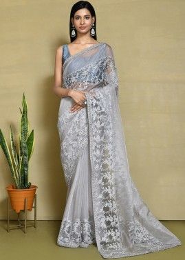 Silver Embroidered Saree In Satin