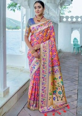 Peach Zari Woven Saree In Art Pashmina Silk