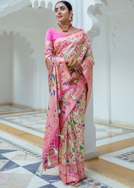 Cream Zari Woven Saree In Art Pashmina Silk