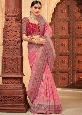 Pastel Pink Zari Woven Work Saree In Silk