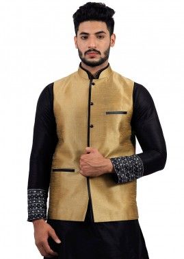 Readymade Golden Art Silk Nehru Jacket