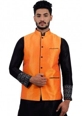 Orange Readymade Nehru Jacket In Art Silk