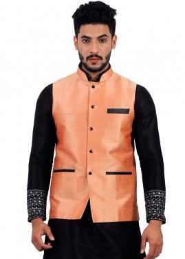 Peach Readymade Art Silk Nehru Jacket