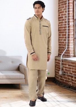 Beige Readymade Mens Pathani Suit In Cotton