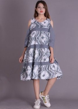 Grey Printed Cold Shoulder Dress