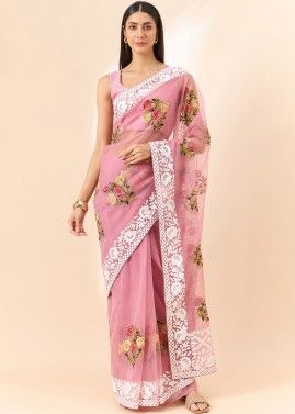 Pink Embroidered Saree In Tissue