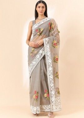 Grey Embroidered Saree In Tissue