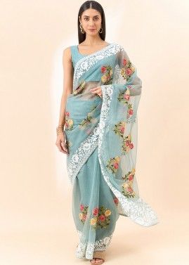 Blue Embroidered Saree In Tissue