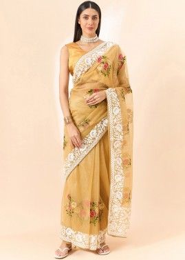 Yellow Embroidered Saree In Tissue