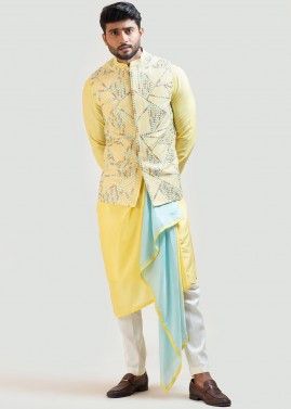 Yellow Readymade Cotton Kurta Pyjama With Embroidered Jacket