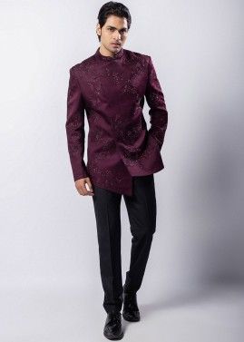 Maroon Asymmetric Bandhgala Jodhpuri Suit