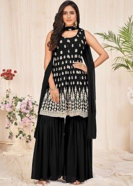 Embroidered Black Gharara Style Suit