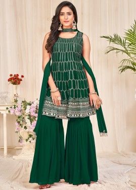 Pakistani Style Embroidered Gharara Suit In Green