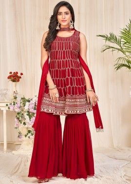 Red Pakistani Style Georgette Gharara Suit