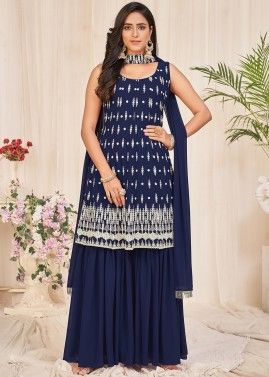 Embroidered Navy Blue Gharara Suit Set