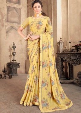Yellow Floral Print Classic Style Saree