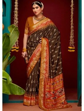 Brown Printed Tussar Silk Saree & Blouse