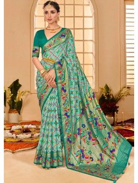Green Tussar Silk Saree In Printed Work