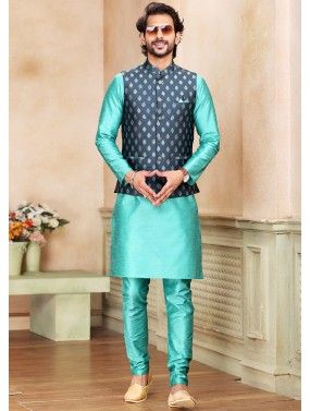 Turquoise Mens Kurta Pajama & Woven Nehru Jacket
