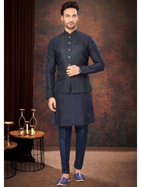 Blue Woven Kurta Pajama With Nehru Jacket