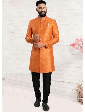 Orange Readymade Embroidered Men's Sherwani In Jacquard
