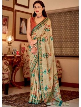 Beige Banarasi Silk Saree In Digital Print