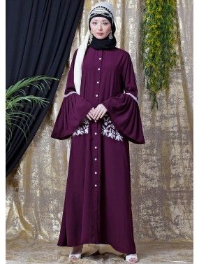 Readymade Buttoned Purple Bell Sleeved Abaya