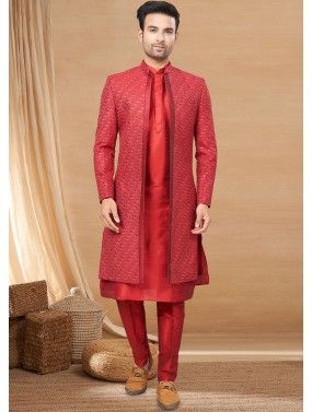 Red Embroidered Jacket Style Kurta Pajama In Art Silk